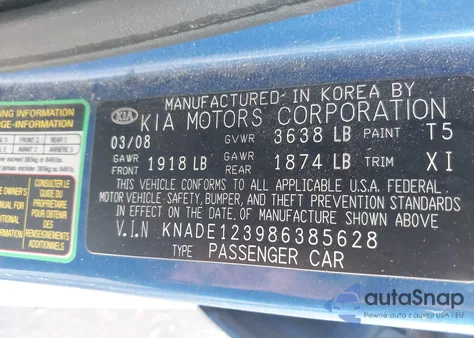 2008 Kia Rio Lx z USA, uszkodzony, nr VIN KNADE123986385628